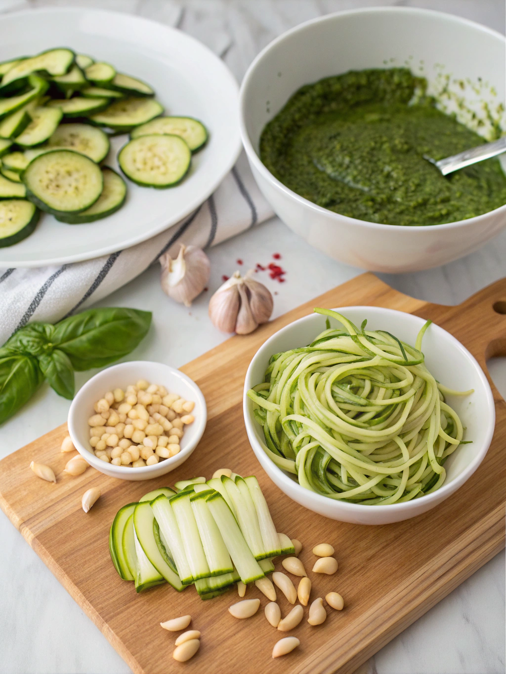 zucchini noodles with pesto sauce preparing steps