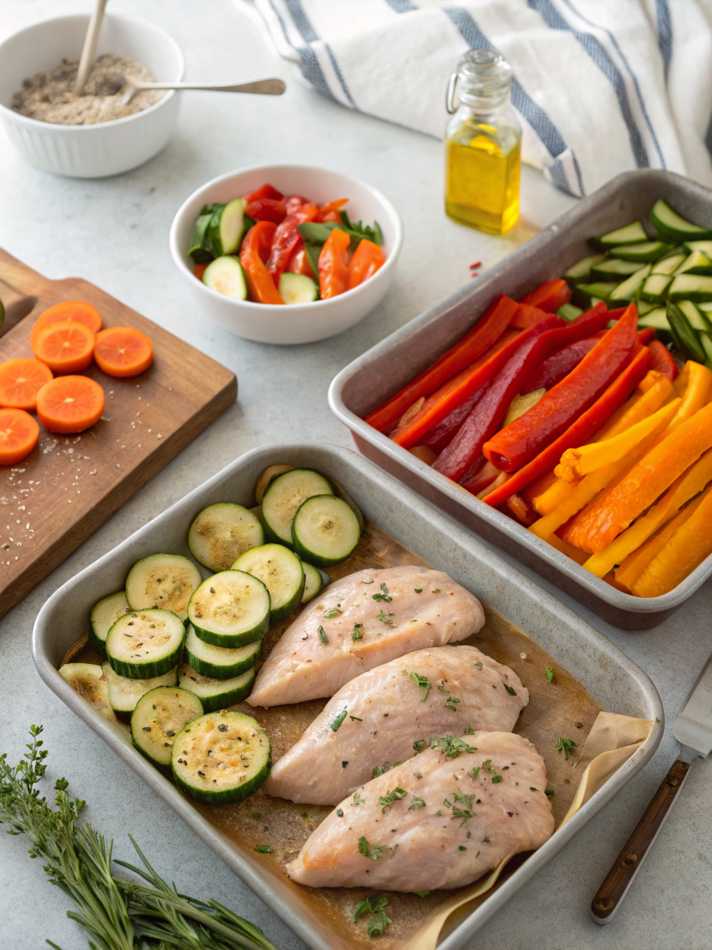 baked chicken breast with roasted vegetables preparing steps
