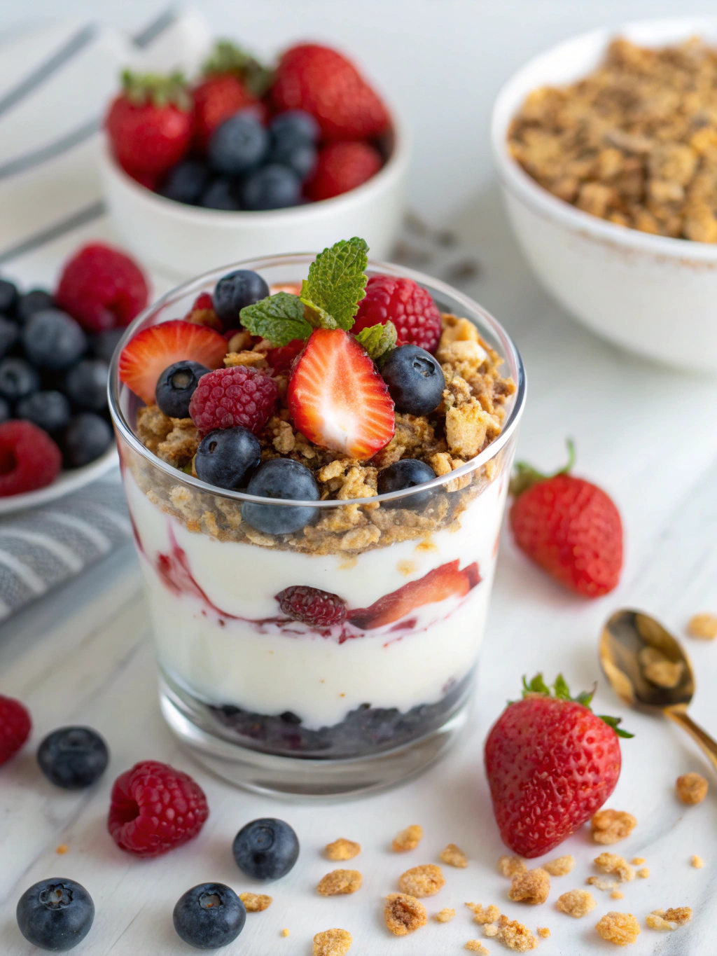 greek yogurt parfait with berries and granola ingredients